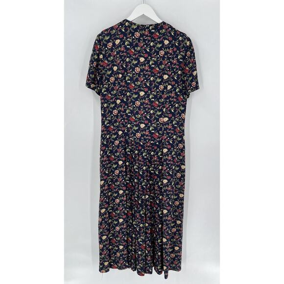 Talbots Vintage Dress Womens Medium/Large Navy Blue Floral Print Button Pleated - Picture 10 of 16